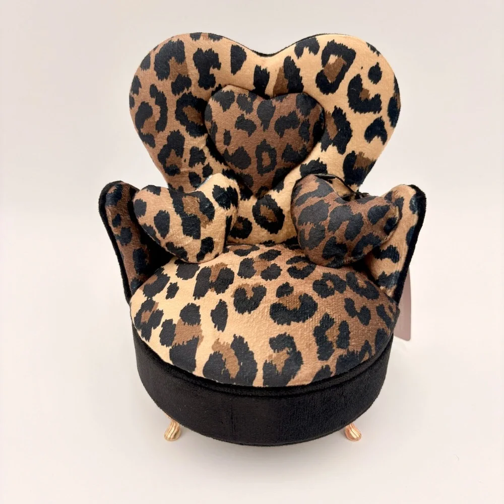 Willow & Riley Leopard Velvet Heart Armchair Jewelry Box Mirror Gold Legs NEW